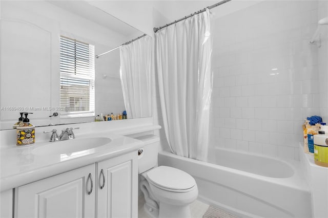 full bathroom featuring vanity, tile patterned floors, toilet, and shower / bathtub combination with curtain