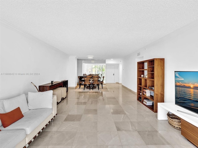 living room featuring a textured ceiling