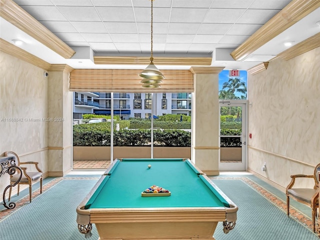 game room with decorative columns, a drop ceiling, and pool table