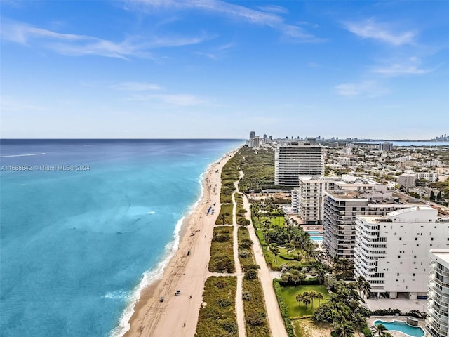 bird's eye view featuring a water view and a beach view