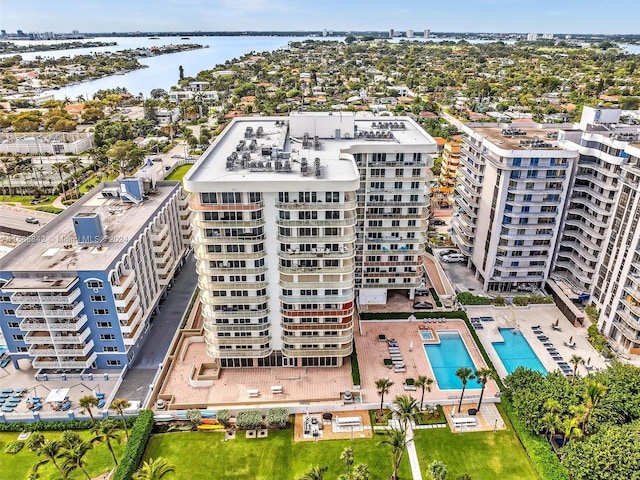 birds eye view of property featuring a water view