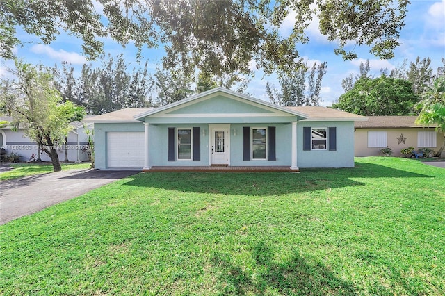 ranch-style house with a front yard, a porch, and a garage