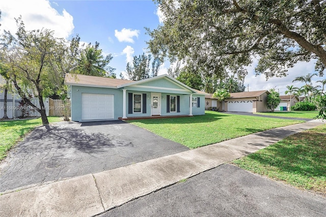 ranch-style home with a front yard, a porch, and a garage