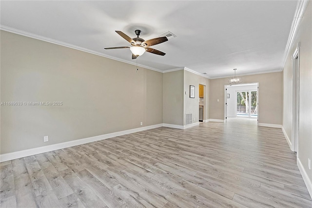 unfurnished living room with ceiling fan with notable chandelier, light hardwood / wood-style floors, and crown molding