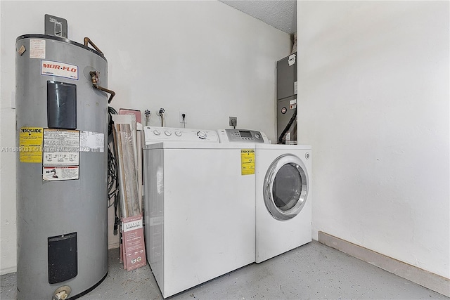 laundry room with electric water heater, a textured ceiling, and washing machine and clothes dryer