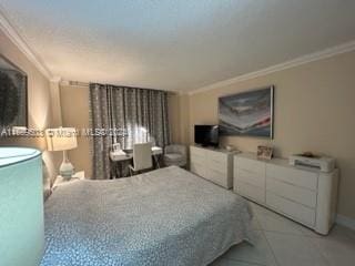 bedroom featuring tile patterned flooring and ornamental molding