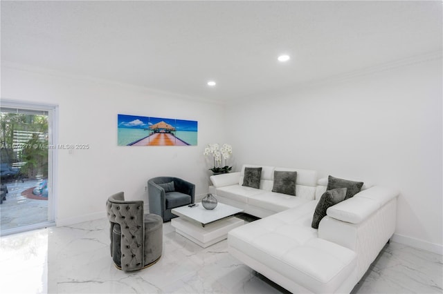 living room with ornamental molding