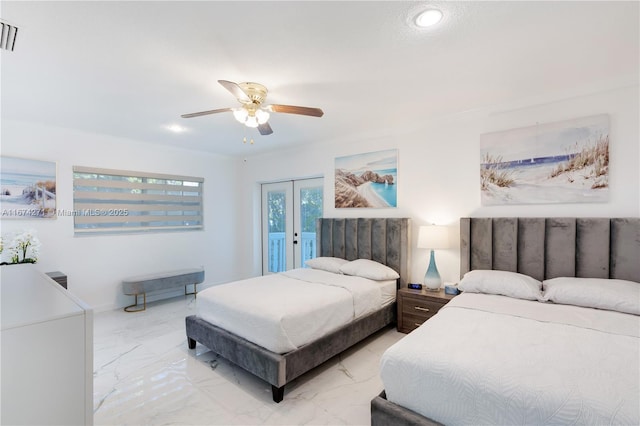 bedroom featuring french doors, ceiling fan, and access to exterior