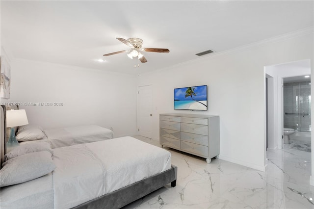 bedroom featuring ceiling fan, ensuite bath, and ornamental molding