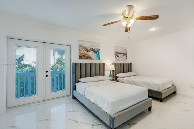 bedroom featuring access to exterior, french doors, ceiling fan, and crown molding