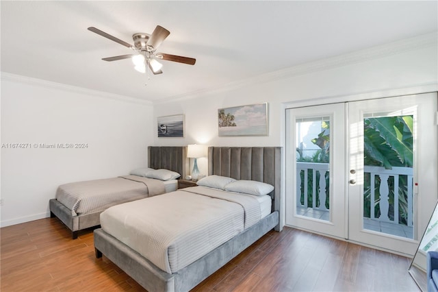 bedroom with access to outside, french doors, crown molding, hardwood / wood-style flooring, and ceiling fan