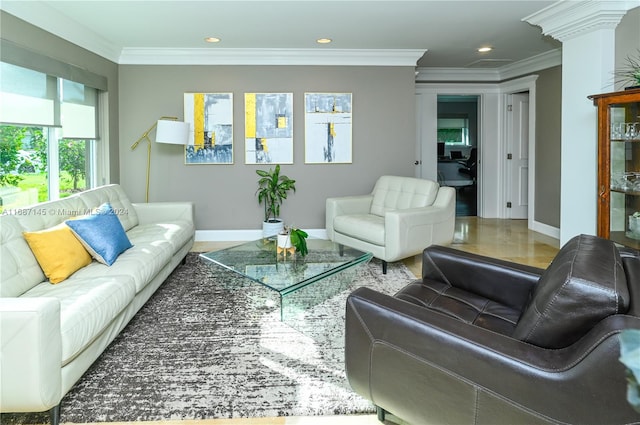 living room with hardwood / wood-style floors and crown molding