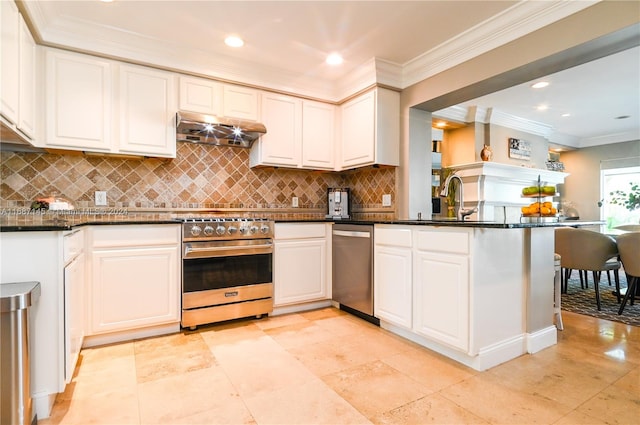 kitchen with dark stone countertops, white cabinetry, exhaust hood, and stainless steel appliances