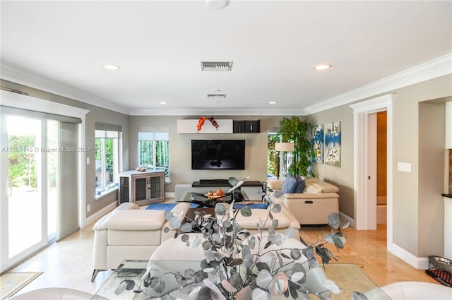 living room with ornamental molding and a healthy amount of sunlight