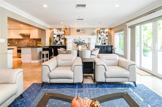 living room featuring ornamental molding and sink