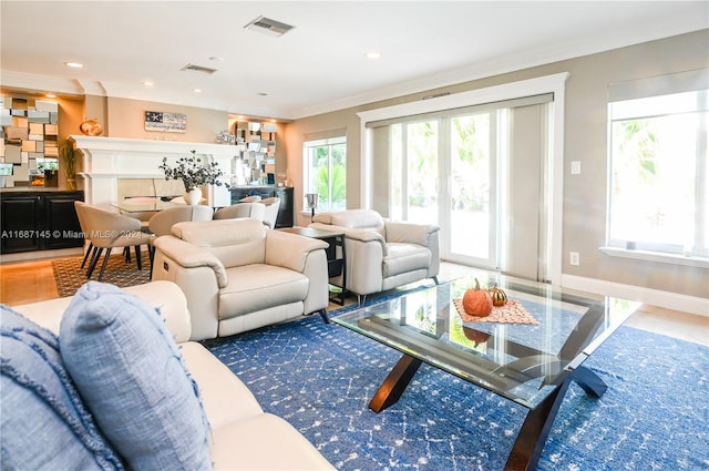 living room featuring a wealth of natural light and crown molding