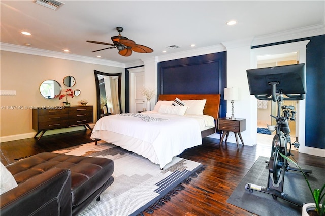 bedroom with ornamental molding, dark hardwood / wood-style flooring, and ceiling fan