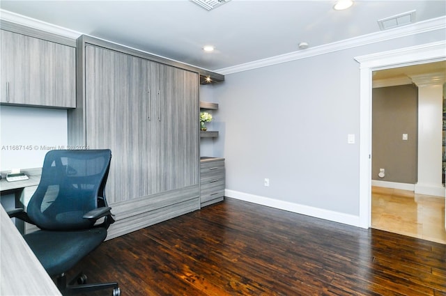 office space featuring dark hardwood / wood-style floors and ornamental molding