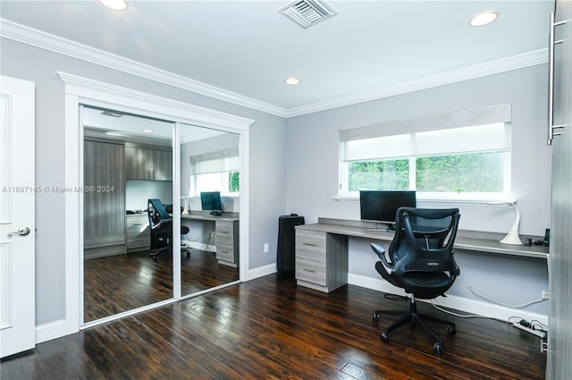 office area featuring dark wood-type flooring and crown molding