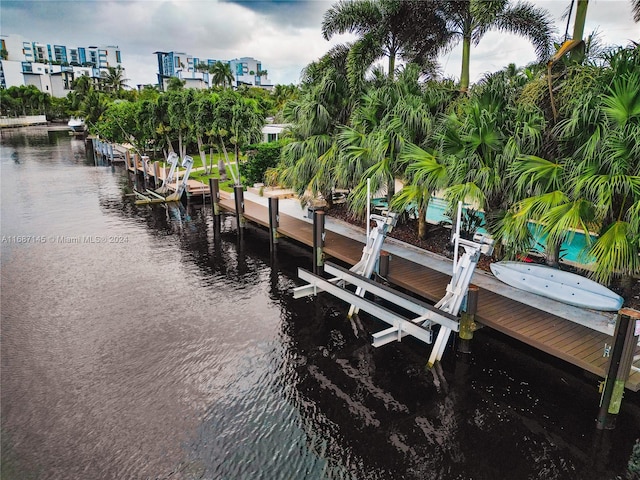 view of dock with a water view