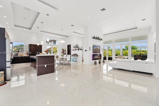 living room with a high ceiling and a raised ceiling