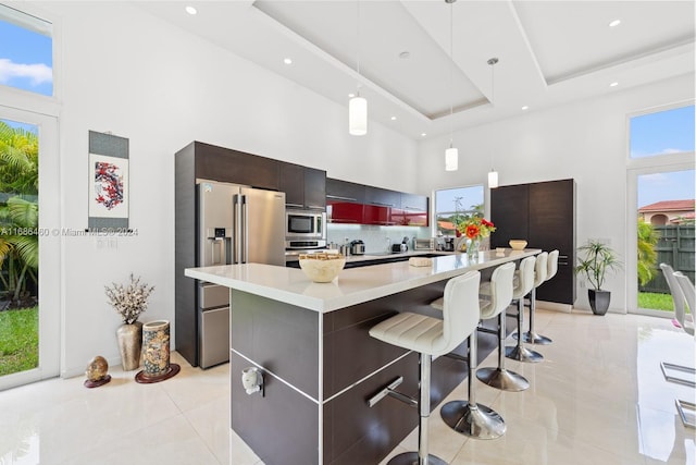 kitchen featuring stainless steel appliances, a healthy amount of sunlight, and a towering ceiling