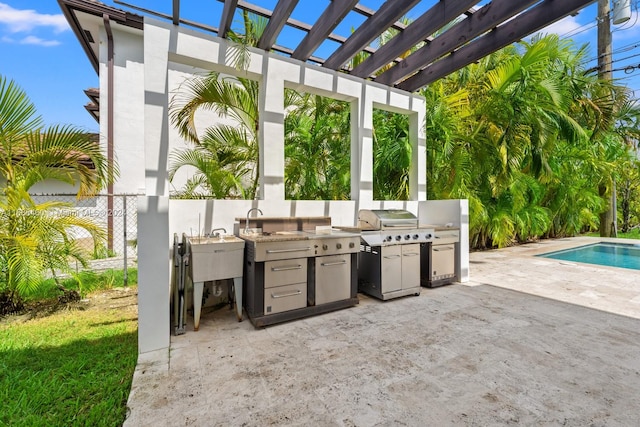 view of patio with a fenced in pool, a pergola, and an outdoor kitchen