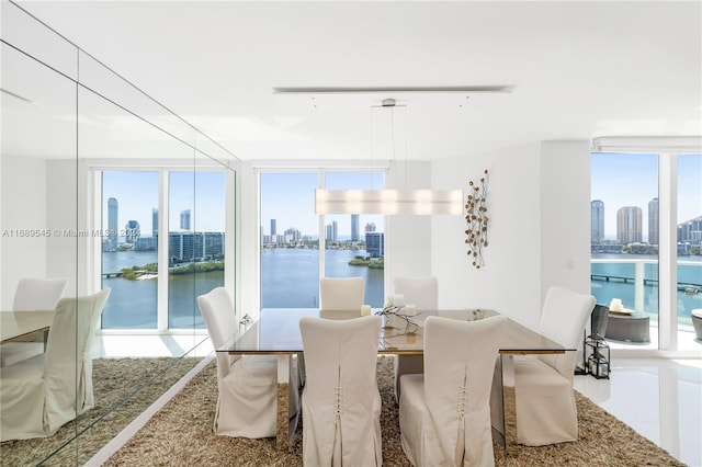 tiled dining room featuring a water view and a wall of windows