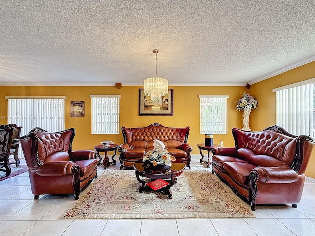 living room with a textured ceiling, light tile patterned flooring, and crown molding