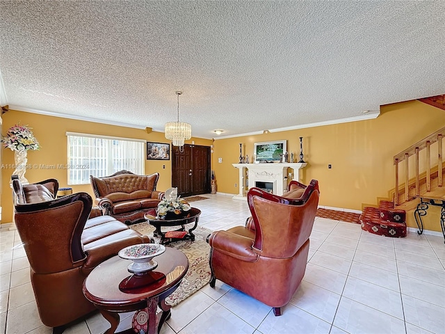 living room featuring a textured ceiling, light tile patterned floors, and ornamental molding