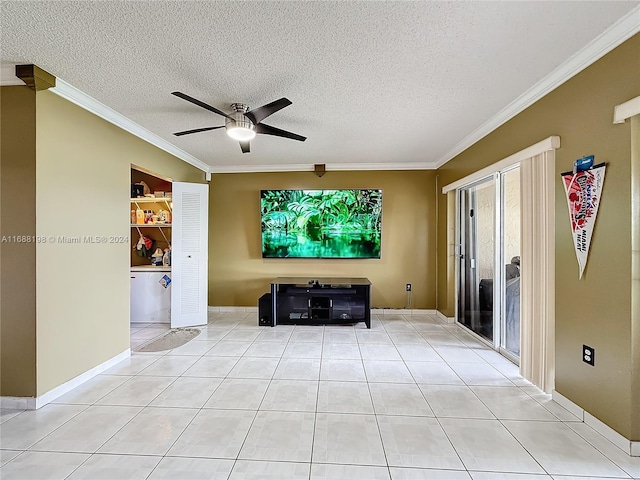 unfurnished living room featuring a textured ceiling, ceiling fan, crown molding, and light tile patterned floors