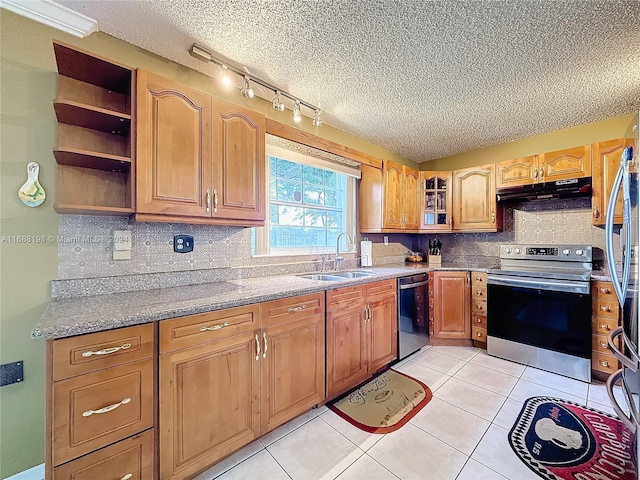 kitchen featuring sink, a textured ceiling, light tile patterned floors, stainless steel electric range oven, and dishwasher