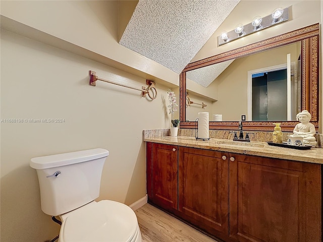 bathroom with wood-type flooring, toilet, vanity, and vaulted ceiling