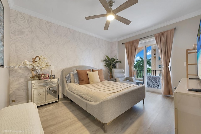 bedroom featuring access to outside, ceiling fan, light hardwood / wood-style floors, and ornamental molding