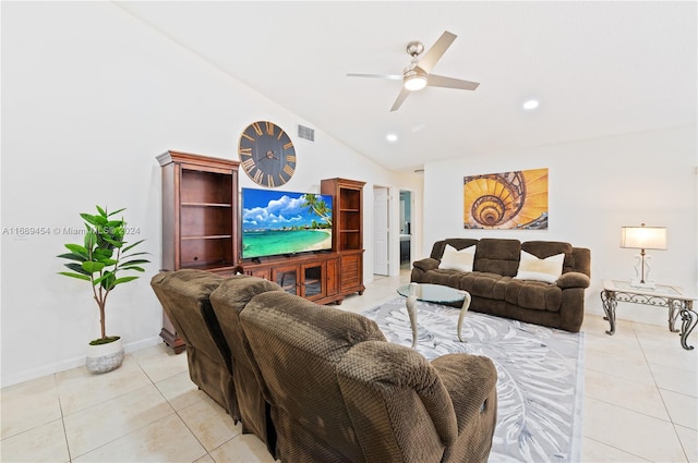 living room featuring light tile patterned flooring, ceiling fan, and high vaulted ceiling