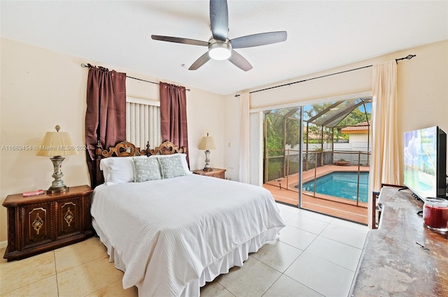 bedroom featuring access to exterior, ceiling fan, and light tile patterned floors