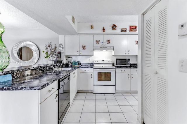 kitchen with electric stove, dishwasher, a textured ceiling, sink, and white cabinetry