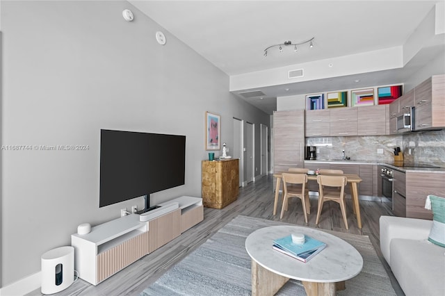 living room with light hardwood / wood-style floors and sink