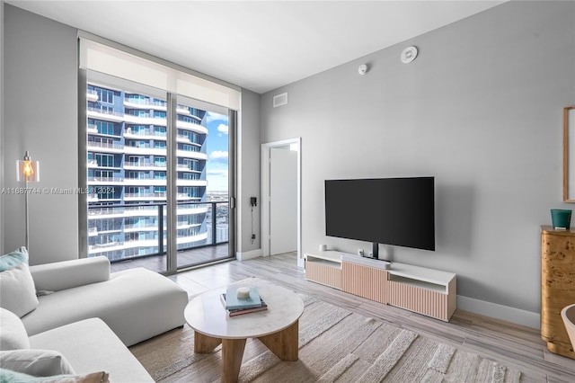 living room with a wall of windows and light hardwood / wood-style flooring