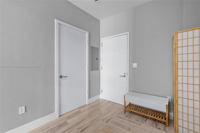 empty room with electric panel and light hardwood / wood-style floors