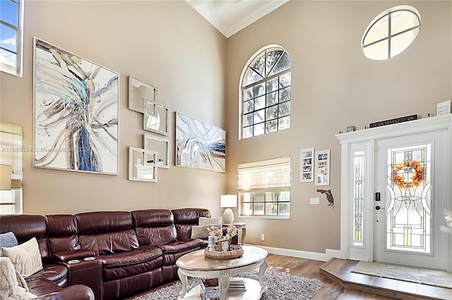 living room featuring ornamental molding, a towering ceiling, and light hardwood / wood-style flooring