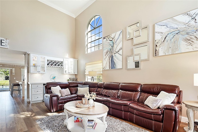 living room featuring dark hardwood / wood-style flooring, ornamental molding, a healthy amount of sunlight, and a towering ceiling