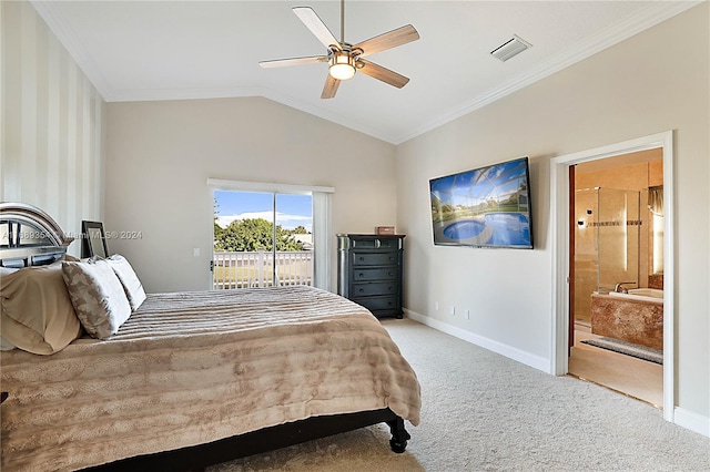 bedroom with ceiling fan, crown molding, lofted ceiling, connected bathroom, and carpet floors