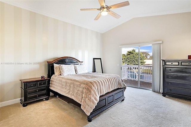 carpeted bedroom with access to exterior, ceiling fan, crown molding, and vaulted ceiling