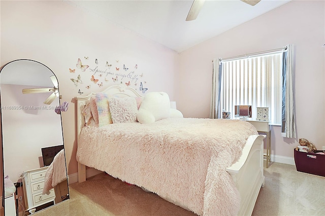 bedroom featuring ceiling fan, light carpet, and lofted ceiling