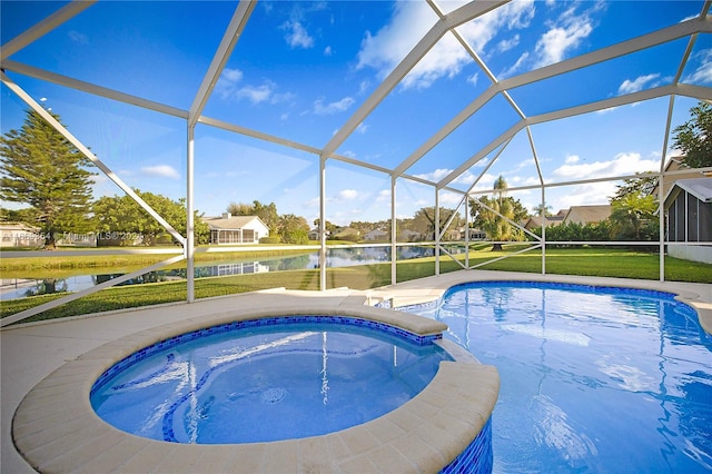 view of swimming pool featuring glass enclosure, a yard, and a water view