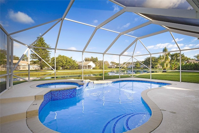 view of swimming pool with an in ground hot tub, a water view, a yard, a lanai, and a patio area