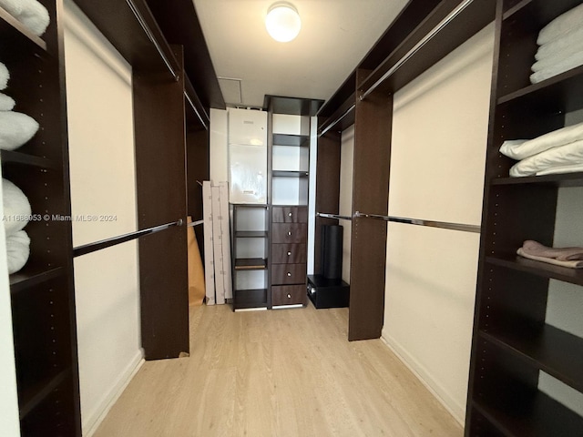 walk in closet with light wood-type flooring