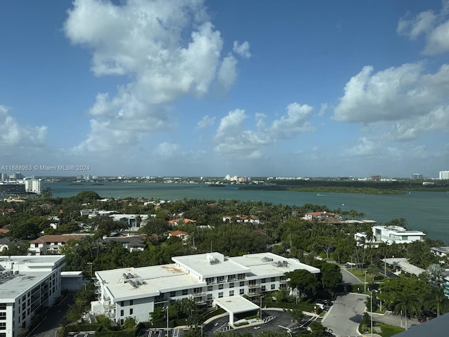 drone / aerial view with a water view