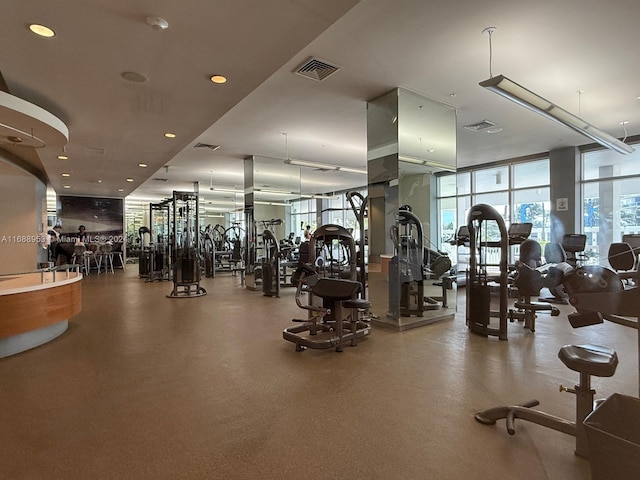 exercise room featuring floor to ceiling windows